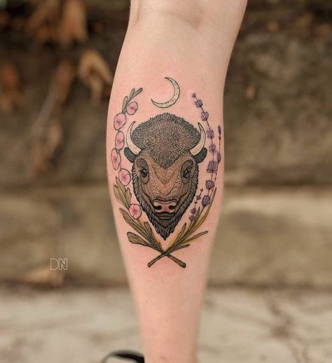 Tattoos On Back Of Shoulder, Bison Tattoo, Tattoos On Back, Buffalo Tattoo, Small Wolf Tattoo, Wolf Tattoo Sleeve, Elements Tattoo, Western Tattoos, Wolf Tattoo Design