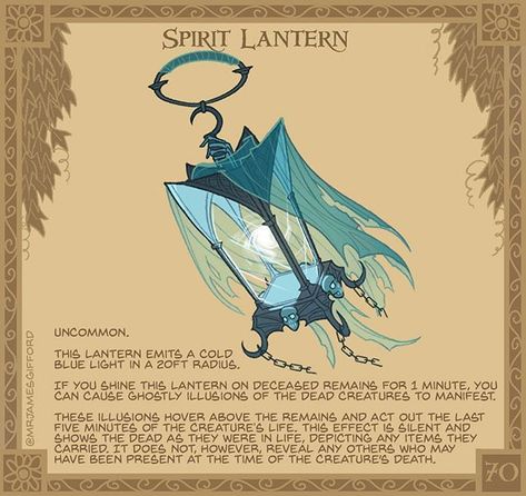 70. Spirit Lantern - Containing the last breath of some unknown entity, this lantern was once used by priestesses of the god of Death, as… Dnd Rewards, James Gifford, Homebrew Items, Dnd Magic Items, Dnd Things, Dnd Magic, Dungeons And Dragons 5e, Dungeon Master's Guide, Dnd Homebrew