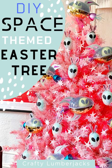 Alien Spaceship Easter Egg Tree DIY – Crafty Lumberjacks Alien Christmas Tree, Egg Tree Diy, Galaxy Christmas Tree, Easter Egg Tree Diy, Space Christmas Tree, Galaxy Easter Eggs, Alien Decor, Alien Christmas, Mad Scientist Halloween