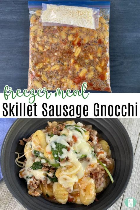 Sausage and Gnocchi Skillet Freezer Meal - Freezer Meals 101 Sausage Gnocchi, Tuscan Pasta, Best Freezer Meals, Baked Gnocchi, Skillet Pasta, Freezer Meal Prep, Dump Meals, Gnocchi Recipes, Freezer Meal