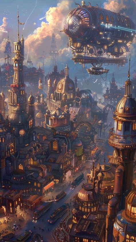 Machine World Concept Art, Fantasy City Inspiration, Steampunk Landscape Art, Fantasy Industrial City, Fantasy Steampunk Art, Fantasy Night City, Clockpunk City, Steampunk Floating City, Steampunk Fantasy World