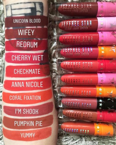 The Orange and red liquid lipstick shades from @jeffreestarcosmetics 😘😍💄 credi Jeffree Star Lipstick Swatch, Jefree Star Lipstick, Teagan Marie, Star Lipstick, Jeffree Star Lipstick, Jeffree Star Liquid Lipstick, Liquid Lipstick Swatches, Lipstick Tattoos, Red Liquid Lipstick