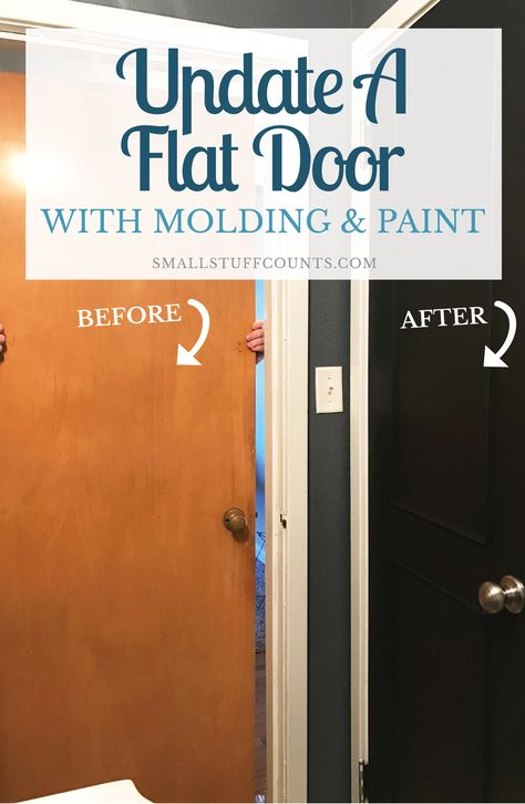 Here's a DIY door tutorial to take your interior doors to the next level. This is an easy way to update a flat door using trim and minimum tools. I love the picture frame molding she added to her door, and the transformation from an ugly pine door to a stunning black door is incredible! Love that she chose to paint it black. Paint Inside Door, Room Decor Library, Update Interior Doors, Brown Interior Doors, Painting Interior Doors Black, Diy Interior Doors, Flat Door, Door Makeover Diy, Painted Interior Doors