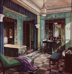 1920s Bathroom, 1920s Interior, Ultimate Bathroom, Art Deco Bathrooms, Arte Art Deco, Colorful Bathroom Tile, Interior Drawing, 1920s House, Art Deco Bathroom