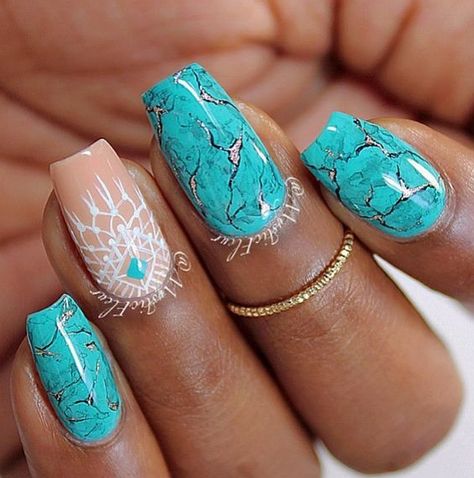 Punchy Western Nails Turquoise Stone Marble Nail Design Western Glam Nails, Western Nails Acrylic Coffin, South Western Nail Designs, Turquoise Aztec Nails, Pink Aztec Nails, Carrie Underwood Inspired Nails, Turquoise Western Nails Designs, Western Style Nails Acrylic, Native Design Nails