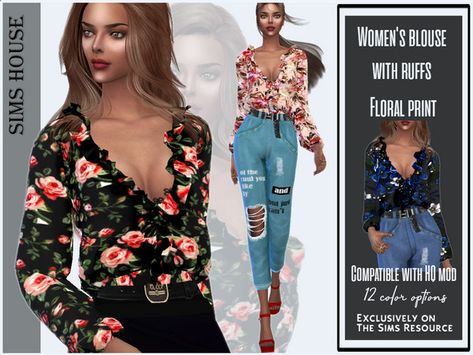 Sims Tops, Cc Top, Womens Denim Overalls, Sims 4 Collections, Sims 4 Mods Clothes, Female Clothing, Floral Outfit, Sims 4 Clothing, Sims House