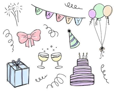 Cute doodle party set hand drawn birthda... | Premium Vector #Freepik #vector #birthday-doodle #party-doodle #kids-doodle #birthday-cartoon Birthday Doodles Hand Drawn, Birthday Cartoon Drawing, Celebration Doodles, Cute Party Ideas, Annotation Book, Work Anniversary Cards, Birthday Doodles, Disney Coloring Pages Printables, Doodle Kids