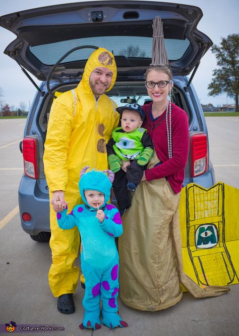 Monsters Inc Family Of 4 Costume, Up Costumes Family, Monsters Ink Trunk Or Treat, Monsters Inc Family Costume For 4, Monsters Inc Halloween Costume Families, Monsters Inc Costumes Family, Monsters Inc Group Costume Diy, Diy Monsters Inc Costume, Monster Inc Halloween Costume