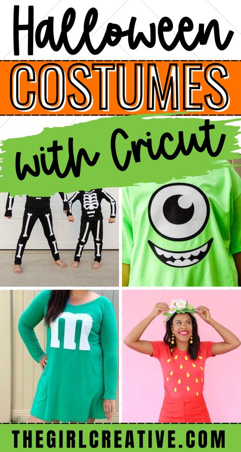 DIY Halloween costumes that you can make with Cricut or Silhouette Easy Cricut Halloween Shirts, Easy T Shirt Halloween Costumes, Cricut Costumes Diy, Halloween Shirt Costume Ideas, Circuit Halloween Costume, Easy Cricut Halloween Costumes, Halloween Shirt Costumes, Easy Tshirt Halloween Costumes Diy, Cricut Halloween Costumes