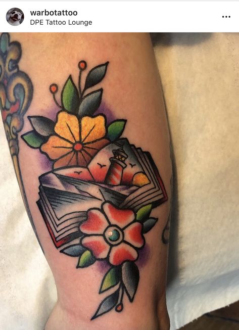 Book Tattoo Ideas Traditional, Bookish Tattoos Traditional, Book Tattoo American Traditional, Books Flowers Tattoo, Old School Book Tattoo, Neo Traditional Book Tattoo, Cute Traditional Tattoos For Women, American Traditional Book Tattoo, Book Traditional Tattoo