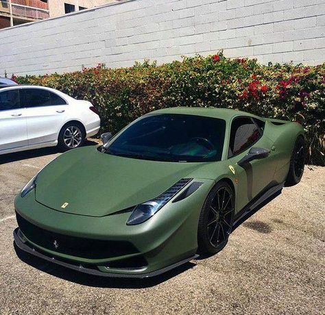 Army Green  #Ferrari #Laferrari #enzo #lamborghini #luxurylife #hypercars #exoticcars https://buff.ly/1TjH1Mb Green Sports Cars, Green Ferrari, 458 Ferrari, Green Porsche, Ferrari 458 Spider, Ferrari Spider, Green Cars, Outfit Collages, Dream Reality