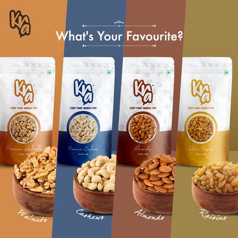 All the choices are healthy with #KRA #healthy #guiltfree #choosehealthy #tasty #crunchy #snack #monday #weekday #dryfruits #nuts Dryfruit Packaging Design, Snack Ads Design, Design Kemasan, Nut Packaging, Premium Snacks, Biscuits Packaging, Cafe Logo Design, Food Videography, Website Banner Design