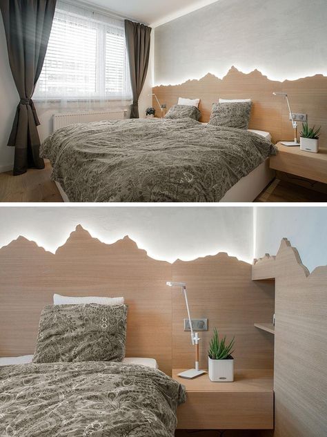 Bedroom Lighting Ideas - A modern white bedroom with a wood mountain-inspired headboard that showcases hidden LED lighting. Headboard Backlighting, Headboard Ideas Wood, Triangle Headboard, Headboard Lighting Ideas, Custom Headboard Ideas, Timber Headboard, Cloud Headboard, Backlit Headboard, Wave Headboard