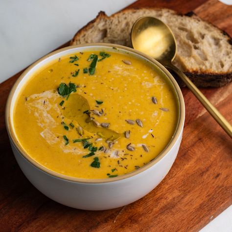 High Protein Butternut Squash Soup with Cottage Cheese - Avocado Skillet Soup With Cottage Cheese, Healthy Vegetarian Soup, Avocado Skillet, Gina Livy, Roasted Squash Soup, Healthy Soup Vegetarian, Soup Recipes Healthy Vegetarian, Protein Goals, Butternut Soup