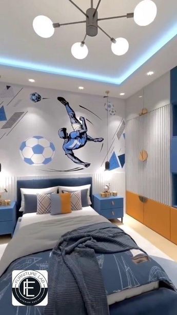 Nice bedroom for kid football lovers ⚽ . . . . . #instagram #facebook #trendingreel #interior #interiordesign #india Soccer Themed Bedroom, Decor For Bedroom Wall, Soccer Bedroom, Sanrio Christmas, Soccer Room, Football Bedroom, Small Bedroom Inspiration, Big Boy Bedrooms, Wallpaper Wall Decor