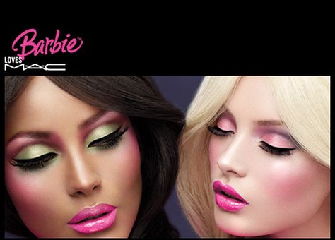 Barbie Hair And Makeup Halloween, Barbie Loves Mac, Vintage Barbie Makeup, Pop Art Barbie Makeup, Mac Barbie, The Barbie Effect Makeup, Barbie Merchandise, Image Background, Creative Makeup Looks