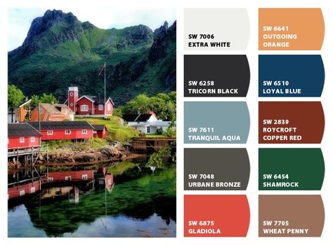 Norwegian Village Inspiration for exterior home color palette and landscape colors/textures Chip It! by Sherwin-Williams – Home Sweden Color Palette, Norwegian Color Palette, Swedish Color Palette, Norwegian Village, Norway Poster, Hygge Winter, Norway House, Home Color Palette, Norwegian House