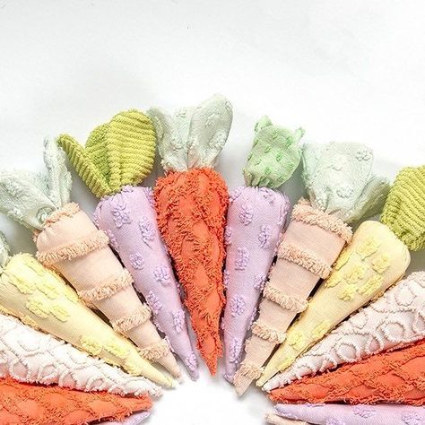 Lisa Summerhays on Instagram: "A glorious rainbow of vintage chenille carrots. Keeping a set of these for myself. Which one is your favorite? Think I should add some white carrots?🥕 #vintagechenille #vintagechenillebedspread #upcycledchenille #vintageupcycle #handmadeeasterdecor #handmadeeaster #sewingproject #sewinglove #chenillecarrots" Quilt Rack Repurpose, Chenille Crafts Diy Vintage Style, Crafts With Chenille Bedspread, Vintage Chenille Crafts, Quilts With Chenille, Chenille It Quilts, Upcycled Chenille Bedspreads, Vintage Chenille, Rosé Sister