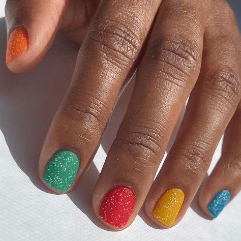 15 Gradient Nail Looks That Span the Color Spectrum Multicolor Gel Nails Short, Spring Skittle Nails, Spring Multi Colored Nails, Skittle Nails Color Combos, Subtle Rainbow Nails, Skittles Manicure, Skittle Manicure, Skittles Nails, Multi Colored Nails