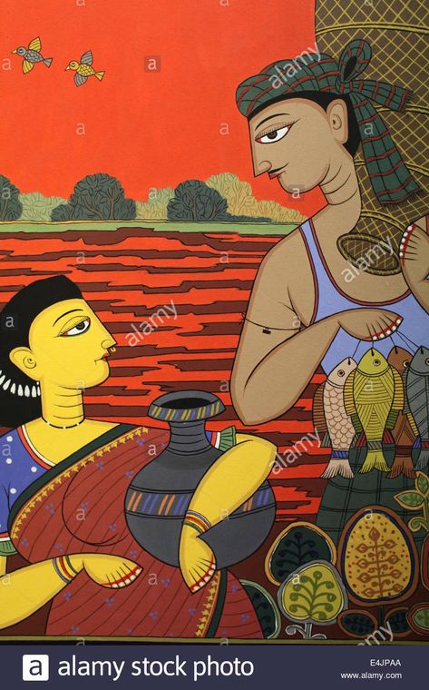 Download this stock image: folk art in Bangladesh - E4JPAA from Alamy's library of millions of high resolution stock photos, illustrations and vectors. Phad Painting, Rajasthani Painting, Canvas Art Painting Abstract, Bengali Art, Art Deco Illustration, Print Saree, Owls Drawing, Madhubani Art, Landscape Art Painting