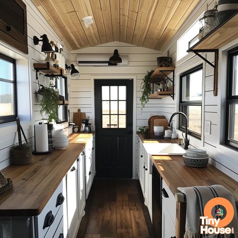 Check out this adorable tiny house on wheels! The Coastal design style gives it a beachy vibe, while the White, Black, and Natural Wood color palette adds a modern touch. Which design elements would you incorporate into your own home? #TinyHouse #CoastalDesign #DreamHome Wood Color Palette, Timy Houses, Tiny Cabins Interiors, Farmhouse Tiny House, Coastal Design Style, Lodge Ideas, Diy Storage Shed, Deer Camp, Shed Home