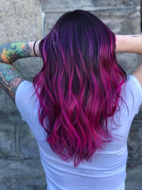 Orchid Hair Color, Fuschia Hair, Pink And Purple Hair, Baylage Hair, Pink Purple Hair, Purple Balayage, Magenta Hair, Punk Hair, Hair Color Purple