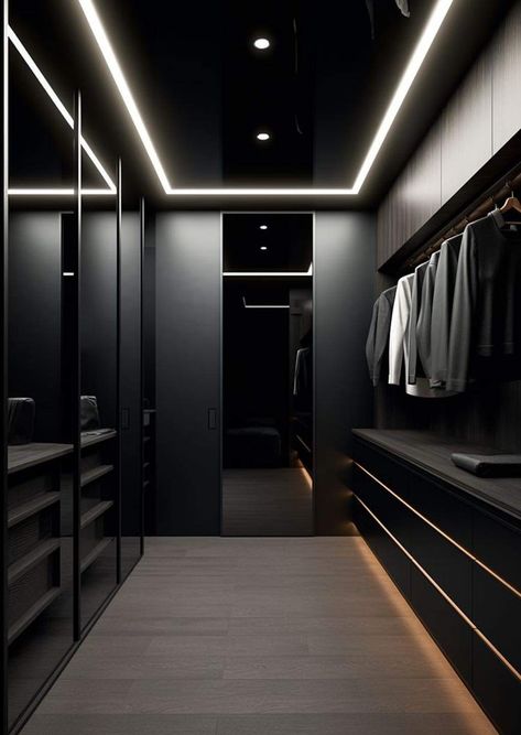 Walk In Wardrobe Ideas Master Bedrooms, Modern Closet Designs, Walk In Wardrobe Design, A Walk In Closet, Dark Interior Design, Black Closet, Dream Closet Design, Closet Design Layout, Walk In Closet Design