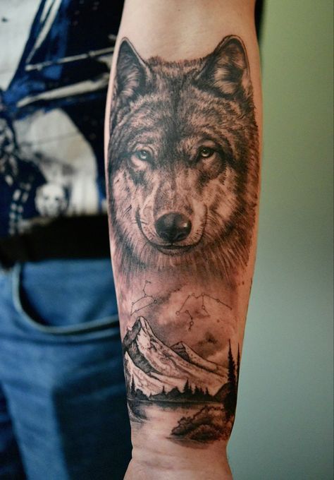 Wolf Eye Tattoo Forearm, Wolf Nature Tattoo, Tattoo With Mountains, Wolf Blue Eyes, Wolf Eye Tattoo, Eternity Tattoo, Wolf With Blue Eyes, Tattoo Stencil Designs, Wolf Sleeve