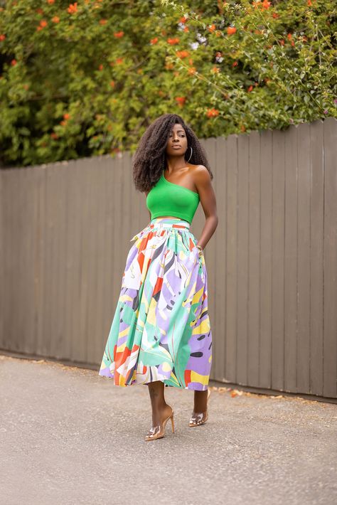 One Shoulder Tank + Multi-Color Skirt Soiree Outfit, One Shoulder Tank, Style Pantry, Multicolor Skirt, Summer Soiree, Black Women Fashion, Skirt Outfit, Outfit Details, Matching Outfits