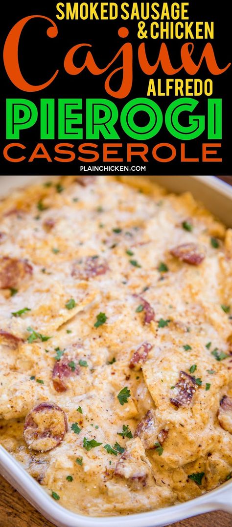 Smoked Sausage & Chicken Cajun Alfredo Pierogi Casserole - this is AMAZING!!! Super easy to make and everyone RAVES about it. Only 6 ingredients - smoked sausage, chicken, Alfredo sauce, cajun seasoning, pieorgies and parmesan cheese. Can make ahead of time and refrigerate or freeze for later. Perfect for any Mardi Gras celebrations! #casserole #mardigras #cajun #freezermeal #chickencasserole Chicken Cajun, Cajun Alfredo, Chicken Alfredo Sauce, Cajun Chicken Salad, Pierogi Casserole, Perogies Recipe, Cajun Shrimp Recipes, Smoked Sausage Recipes, Cajun Dishes