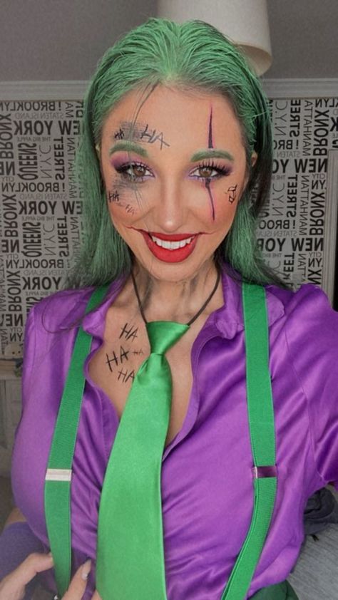 Women’s Fancy Dress Costume, Joker Costume Diy Female, Women Joker Makeup, Jared Leto Joker Costume Female, Girl Joker Costume Halloween, The Joker Women Costume Ideas, Joker Costume Girl Outfit, Diy Female Joker Costume, Joker Outfit Female Diy