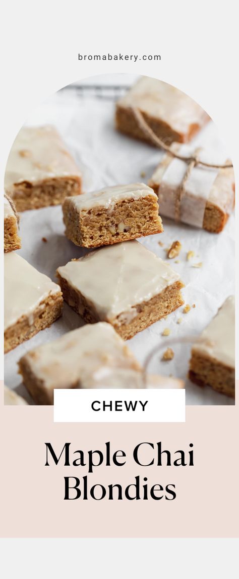 These chewy maple chai blondies are spiced to perfection and topped with a salty-sweet maple glaze that you’ll want to drizzle over everything. Made in just one bowl (no mixer required!) this chai blondie recipe is the ultimate easy treat to celebrate cozy fall flavors! Maple Chai Blondies, Maple Frosted Blondies, Chai Blondies Recipe, Maple Baking Recipes, Maple Bars Recipe Easy, Fall Cookie Bars Recipes, Maple Baked Goods, Fall Bar Recipes, Chai Dessert Recipes