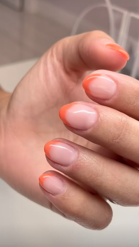 Orange French Tip Short Nails, Orange Tip Manicure, White And Orange French Tip Nails, Coral Tip Nails Almond, Orange Dress Nails, Peach French Tips, Short Orange French Tip Nails, Orangey Pink Nails, Coral French Tips