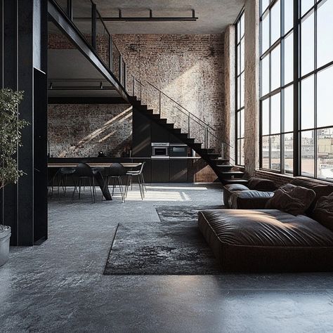 Industrial vibes and urban edge collide in this loft-like dream. Exposed brick, metal accents, and concrete flooring create a raw, authentic feel, while large windows flood the space with natural light. Open layout, minimalist decor, and a rooftop terrace complete this urban oasis. #industrialchic #loftliving #exposedbrick #metalaccents #concretejungle #urbanstyle #openconcept #rooftopvibes #minimalistdecor Nyc Loft Aesthetic, Urban Loft Decor, Layout Minimalist, Loft Aesthetic, Brooklyn Loft, Nyc Loft, Concrete Flooring, Loft Ideas, Concrete Finish