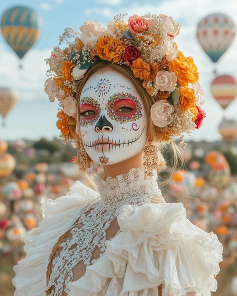 A hot air ballon fest on Día de los Muerto is actually a thing 😍 2 in 1 Challenge💀💐 Candy Skull challenge - Hosted by @eyeseeeye #cosmicalairave Thank you for inviting @yourdreamnook✨ Hot air balloon - Hosted by @h2oman95 #waterboy2024 Thank you for inviting @h2oman and @mydreamnook ✨ . . . . #dayofthedead #diadelosmuertos #sugarskull #sugarskullmakeup #candyskull #challengeprompts #aiprompts #aichallengeprompt #hyperrealistic #aiartcommunity Sugar Skull Makeup Ideas, Skull Candy Makeup, Skull Candy Costume, Dia De Los Muertos Makeup Ideas, Colorful Catrina Makeup, Candy Skull Costume, Candy Skull Costume Ideas, Skull Candy Halloween Makeup, Orange Catrina Makeup