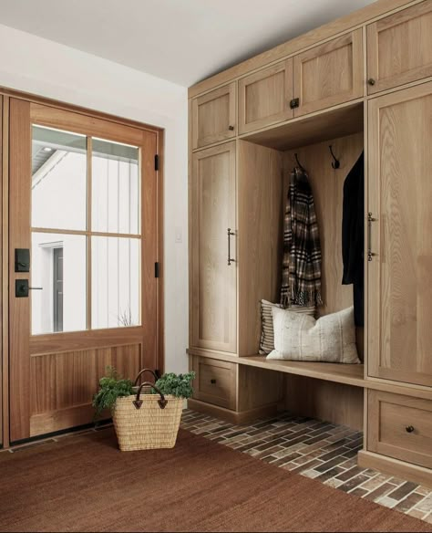 Front Entrance Storage Ideas, Wood Mudroom Cabinets, Mudroom Cubbies With Doors, Foyer Mudroom Entry Ways, Entry Way Built In Cabinet Ideas, Mini Mudroom Entryway, Built In Mudroom Bench With Storage, Foyer Storage Ideas Entryway, Entryway Built In Bench