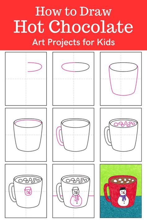 Learn how to draw Hot Chocolate with an easy step-by-step PDF tutorial. #howtodraw #tutorial #drawing #drawingtutorial #arttutorial #artprojectsforkids #howtodrawforkids #hotchocolate How To Draw Hot Chocolate, Hot Cocoa Art Project, Winter Art Kindergarten Easy, Christmas Guided Drawing For Kids, How To Draw Winter Things, Hot Chocolate Art Project For Kids, Kids How To Draw Step By Step, How To Draw Winter, Winter Drawings Easy For Kids