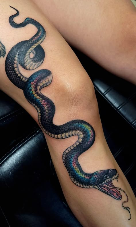 Iridescent Snake Tattoo, Colourful Snake Tattoo, Shedding Snake Tattoo, Rainbow Snake Tattoo, Colored Snake Tattoo, Girly Snake Tattoo, Palm Sized Tattoos, Shin Tattoos For Women, Black Snake Tattoo