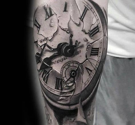 30 Broken Glass Tattoo Designs For Men Shattered Clock Tattoo, Shattered Glass Tattoo, Around The Elbow Tattoo, Stop Watch Tattoo, Broken Clock, Tattoo Homme, Watch Tattoo Design, 3d Pocket, Glass Tattoo