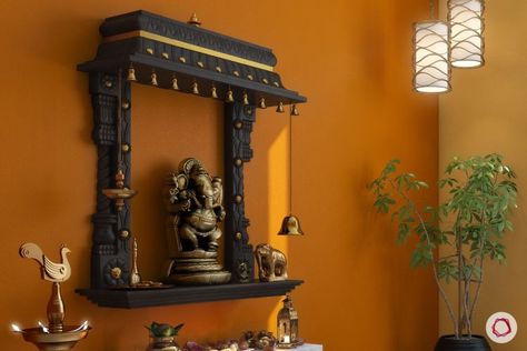 Space-Saving Ideas to Set Up Your Pooja Room Mandir Setup Ideas, Puja Place In Living Room, Puja Shelf Ideas, Hindu Prayer Room Ideas, Pooja Shelf Ideas Indian, Pooja Setup, Puja Design, Pooja Shelf, Hindu Altar