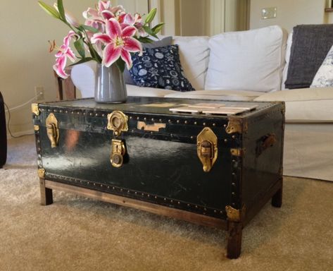 Rustic Trunk Coffee Table, Antique Trunk Coffee Table, Steamer Trunk Coffee Table, Trunk Makeover, Trunk Coffee Table, Trunk Table, Antique Coffee Tables, Old Trunks, Coffee Table Trunk