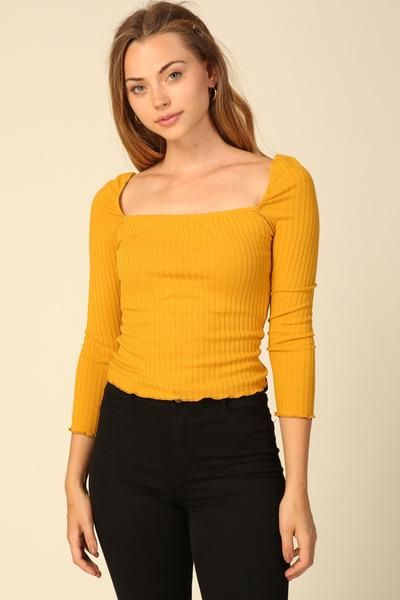 Long sleeve Golden Mustard Square Neck Ribbed material Stretchy 75% Cotton 20% Polyester 5% Spandex (Model is 5'7, wearing a small) Tshirt Outfit Summer, Mustard Top, Embroidered Lace Top, Check Tops, Lululemon Long Sleeve, Yellow Tees, Cashmere Blend Sweater, Retro Tee, Tie Dye Long Sleeve