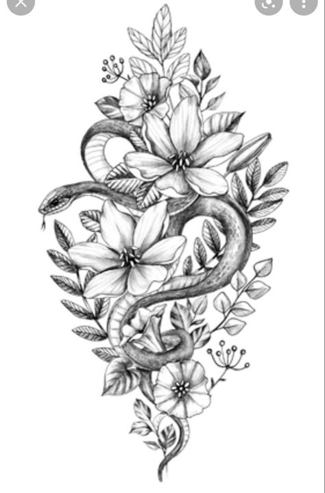 Snake And Flowers Tattoo, Snake And Flowers, Tattoo Snake, Serpent Tattoo, Hip Thigh Tattoos, Snake Tattoos, Hamsa Tattoo, Kunst Tattoos, Snake Tattoo Design