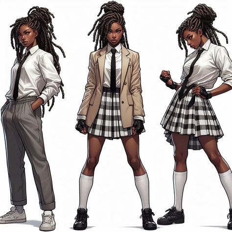 School Character Design, Black Female Character Design, Concept Art Reference, Character Outfit Ideas, Webtoon Characters, Black Comics, Black Cartoon Characters, Black Characters, Black Anime Characters