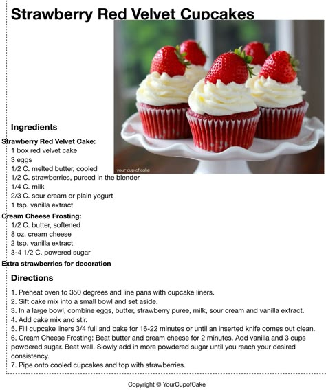 Strawberry Red Velvet Cupcakes, Red Velvet Cupcakes Recipe Easy, Baking Recipes Written, Strawberry Cupcakes Recipes, Red Velvet Cupcake Recipes, Cupcake Recipes Red Velvet, Best Red Velvet Cupcake Recipe, Strawberry Cupcake Recipe, Strawberry Cupcakes Recipe