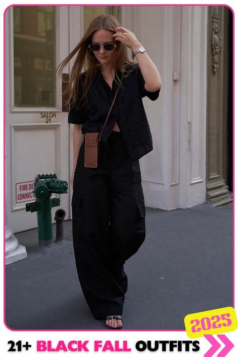 Loose black shirt paired with trendy cargo pants offers a relaxed and functional fall look. Ideal for busy days, the outfit balances comfort and style, making it a go-to choice for fall activities. Trendy Cargo Pants, Black Fall Outfits, Fashion Guide, Fall Outfit Ideas, Fall Activities, Autumn Activities, Fall Looks, Fall Outfit, Cargo Pants