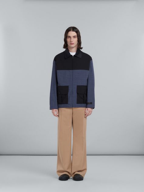 Jacket in tropical wool with blue checks | Marni Marni Outfit Street Styles, The Billionaire Marni Mann, Marni Trunk Bag, Marni Menswear, Marni Shirt, Men's Coats And Jackets, Coats And Jackets, Blue Check, Shirt Collar