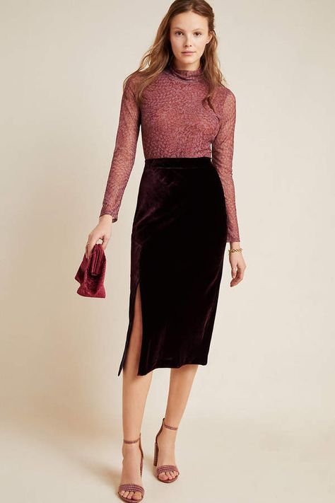 Maeve Velvet Midi Skirt, #Anthropologie, commission link Velvet Skirt Long, Velvet Skirt Outfit, Skirt Design Ideas, Velvet Skirts, Crochet Midi Skirt, Velvet Dress Short, Black Jeans Outfit Ideas, Velvet Midi Skirt, Burgundy Skirt