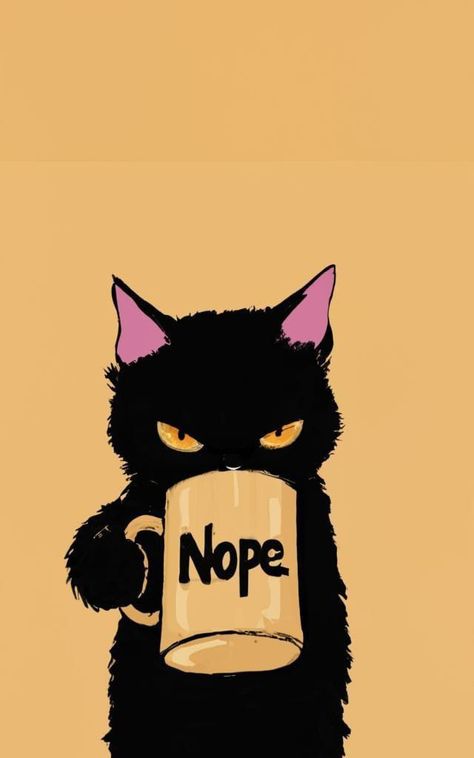 Zone Out Reaction Pic, Funny Cat Art Illustration, Funny Black Cat Drawing, Cat Coffee Drawing, Nope Illustration, Coffee Drawing Illustration, Phone Wallpaper Coffee, Funny Cat Cartoons, Cat Coffee Art