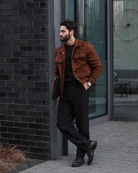 Black And Brown Combo Outfit, Brown Color Combos Outfits Men, Espresso Color Outfit, Brown Color Combinations Outfits Men, Black Shirt Brown Pants Men, Black And Brown Outfit Mens Streetwear, Black Outfit Men, Colour Combo, Mens Casual Outfits